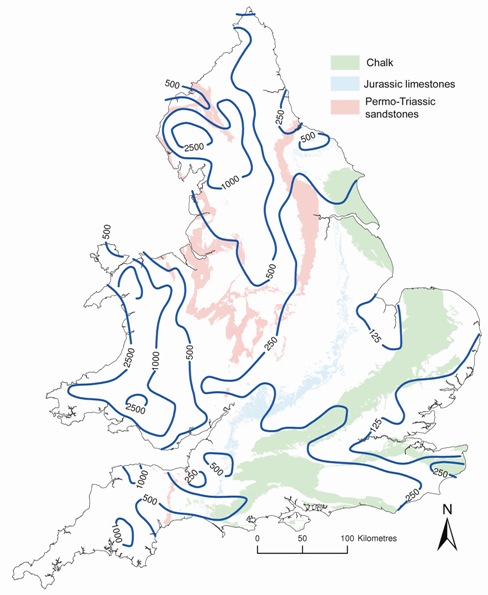 Fig 7 Potential infiltration to the principal aquifers in England and Wales (in mm). Redrawn from R A Downing, GJEG 26, 335-358